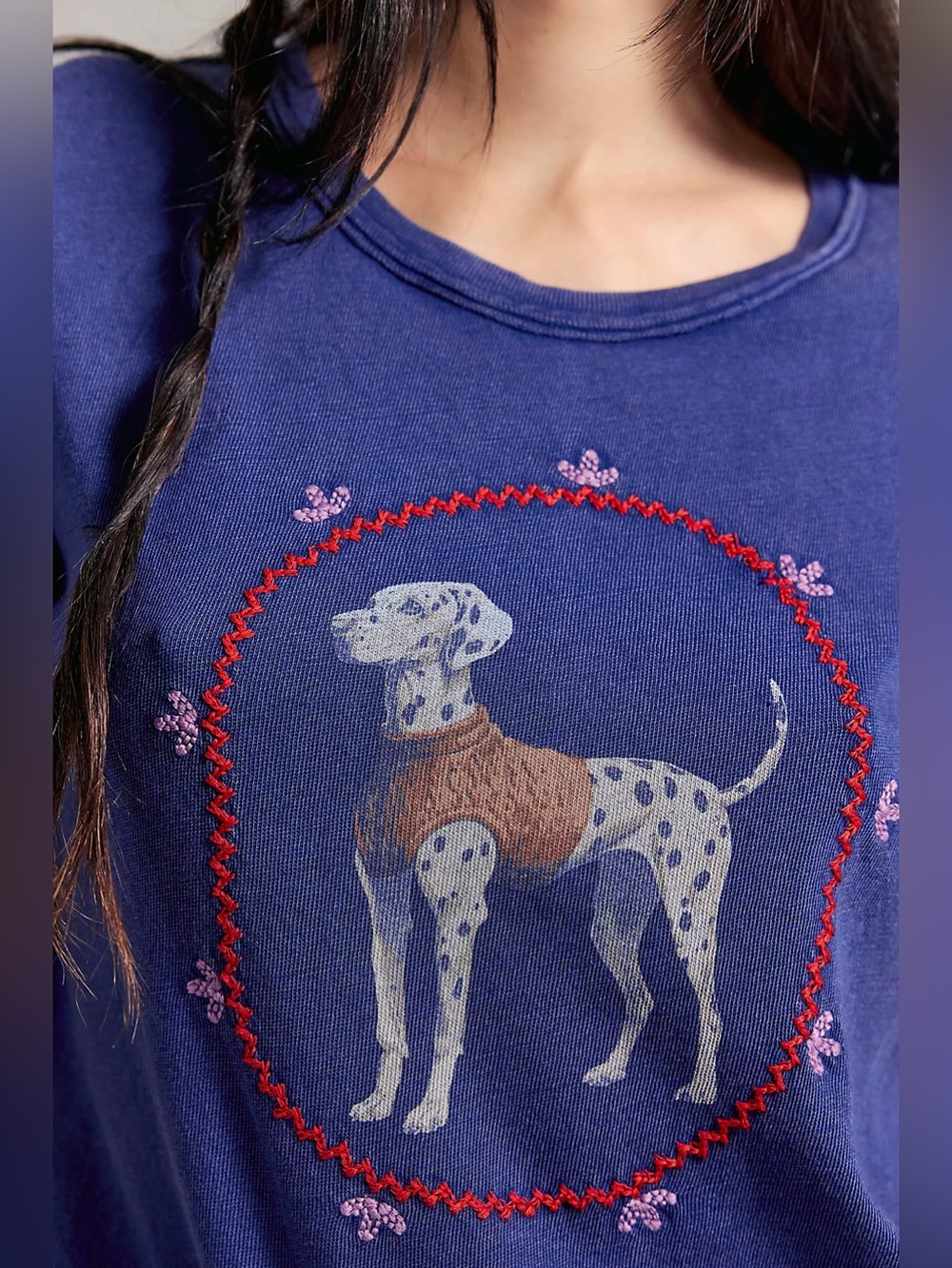 NWT FREE PEOPLE WE THE FREE Fur Friend Tee | Dalmatian Navy Blue MSRP $58 Size L - Picture 4 of 5